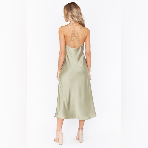 Show Me Your Mumu Verona Cowl Dress in Moss Green Luxe Satin - Picture 3 of 12